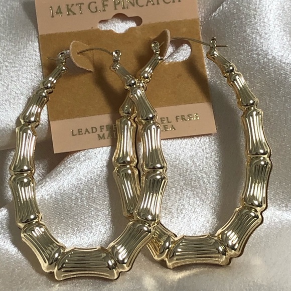 14k Gold Filled Bamboo Oval Hoop Earrings - Picture 7 of 9